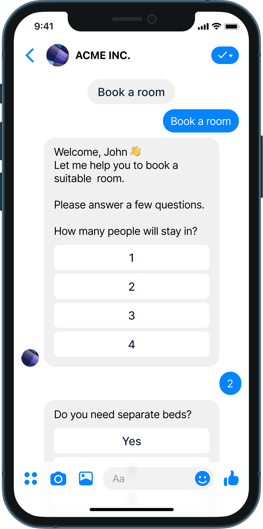 Booking rooms chatbot example