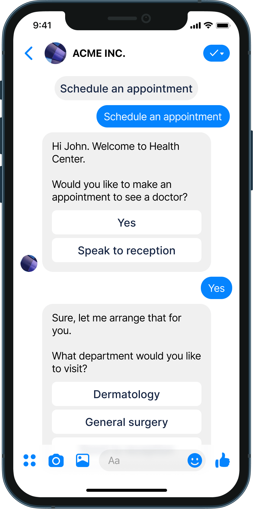 Scheduling appointments in Health Center chatbot example