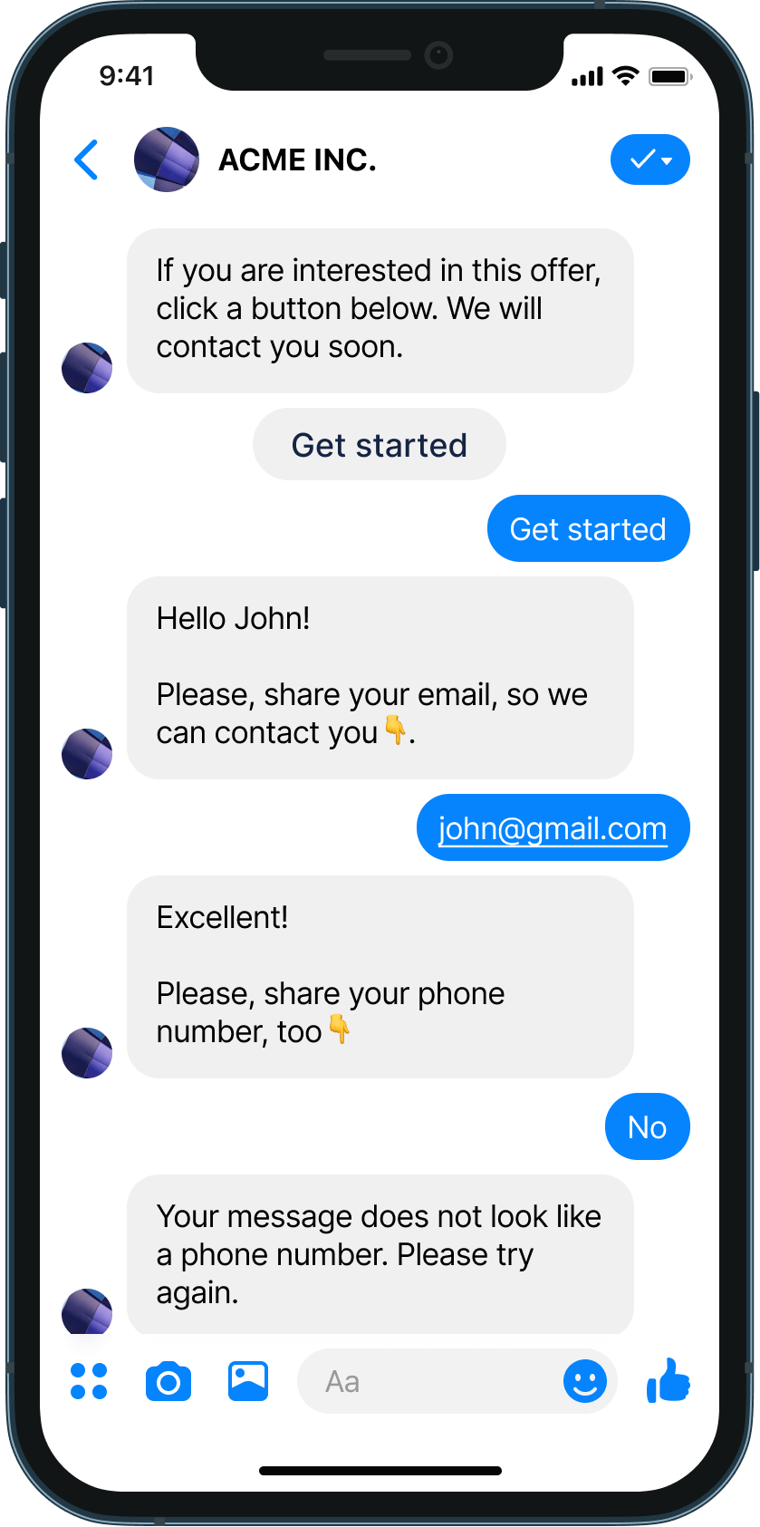Сollect emails and phones in Facebook chatbot example
