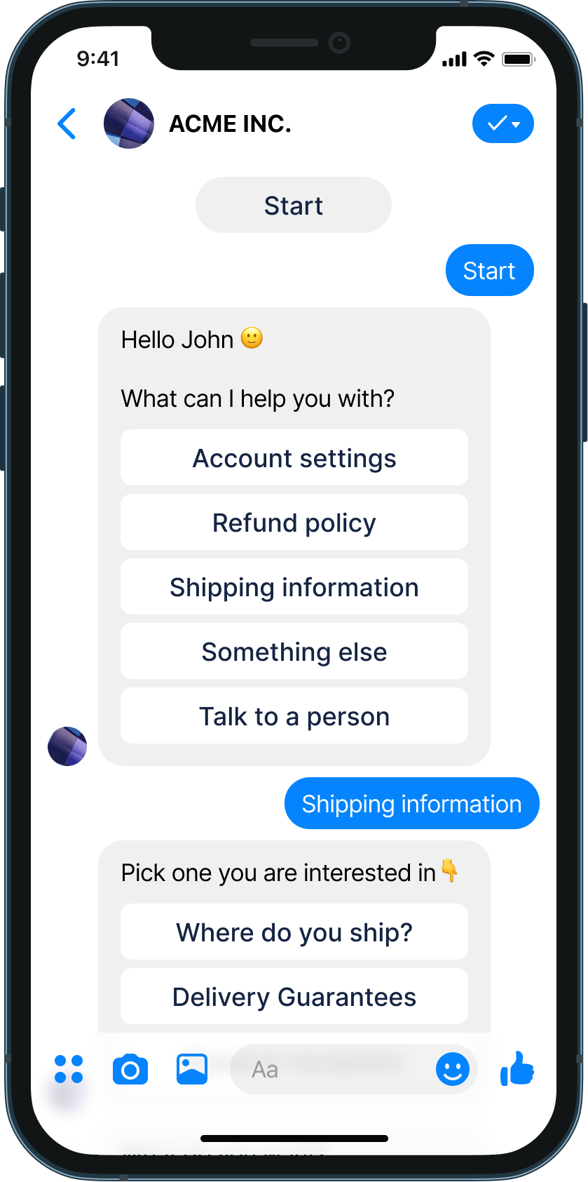 FAQ chatbot for ecommerce chatbot example