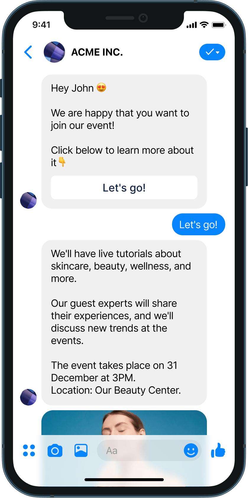 Ads for beauty event chatbot example