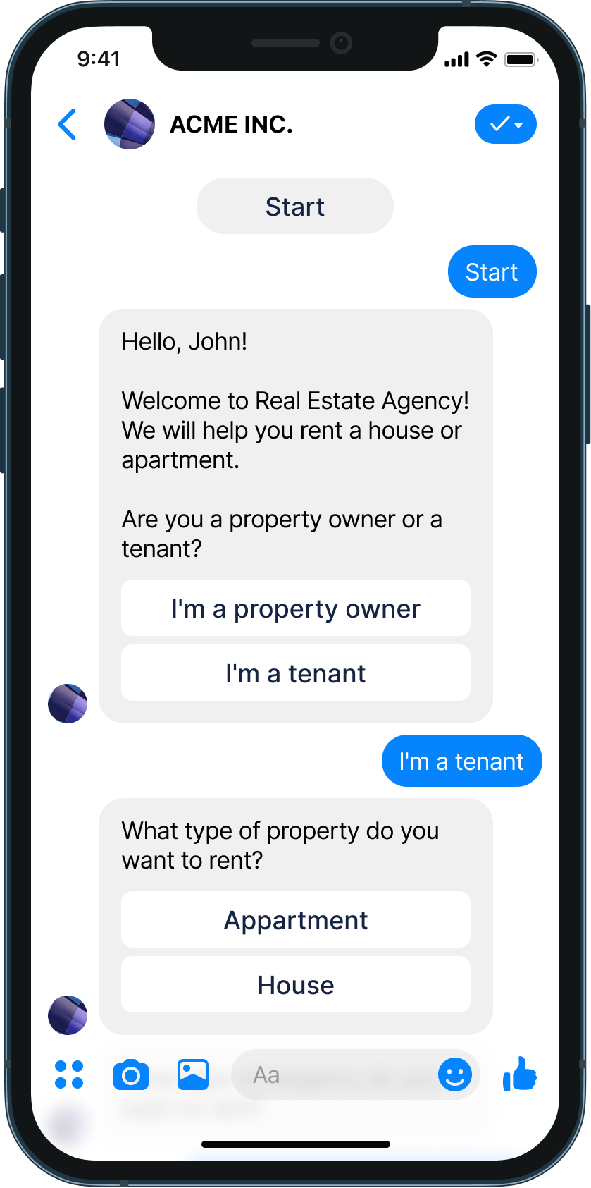 Renting a property chatbot example