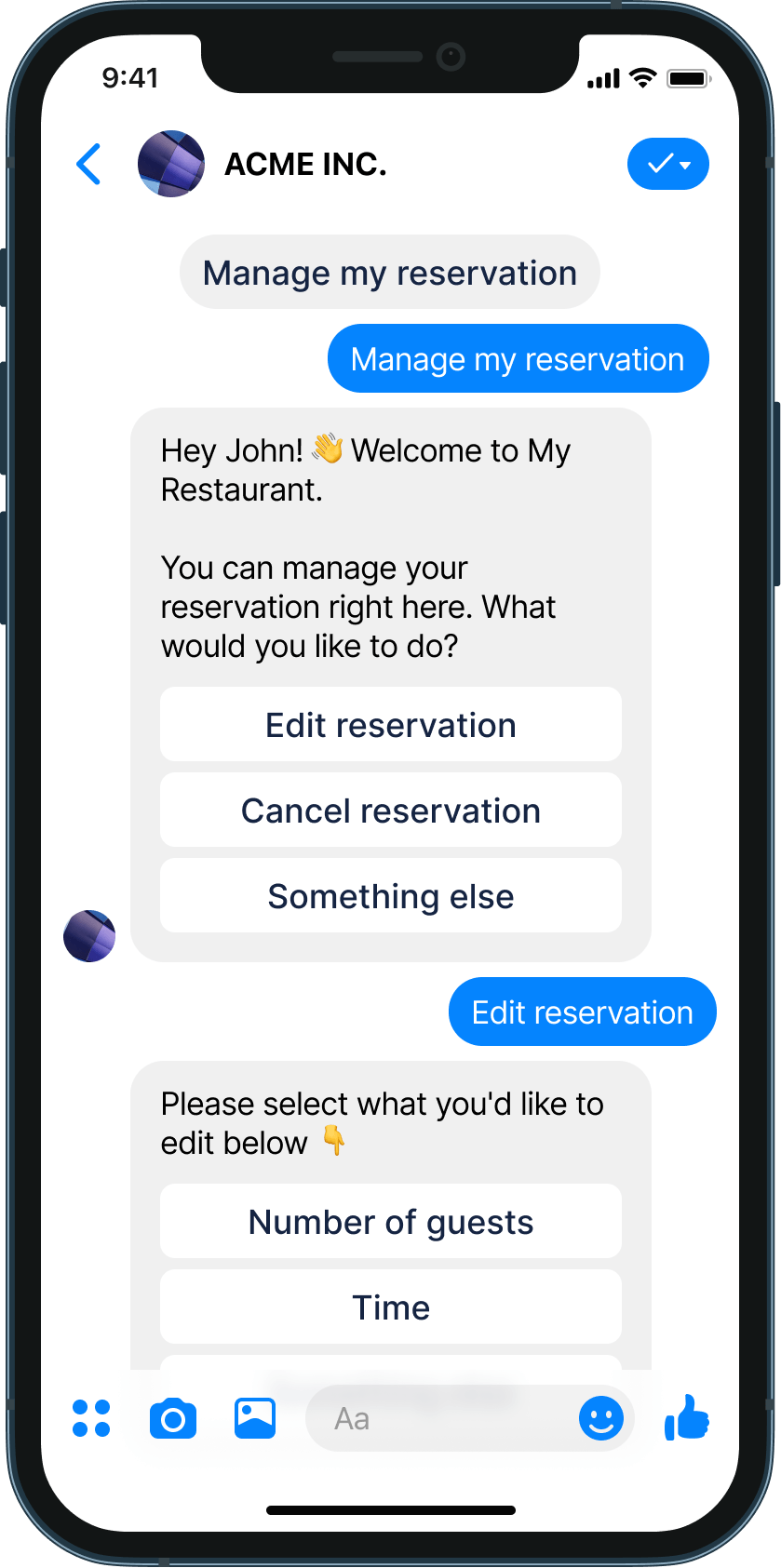 Reservation canceling management chatbot example