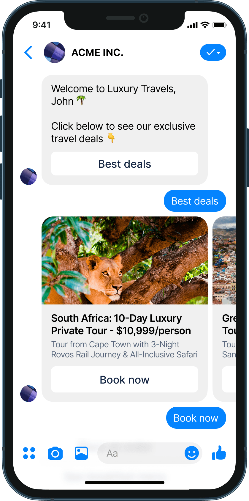 Tour sales on Facebook chatbot example