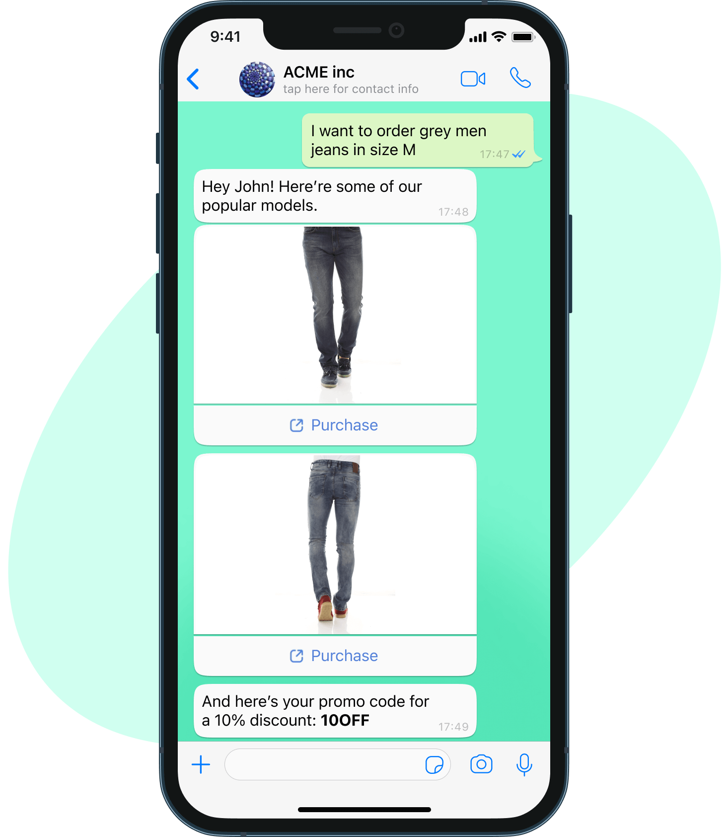 Official Chatfuel illustration of a WhatsApp chat on a phone: a customer asks for grey men's jeans in size M, the business account replies with two product cards with Purchase buttons and a 10 percent promo code