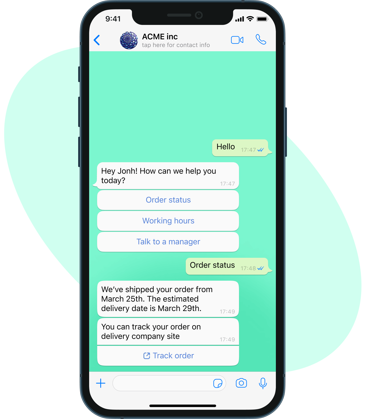 Official Chatfuel illustration of a WhatsApp chat: the business greets the customer with buttons for Order status, Working hours and Talk to a manager, and replies to an order status request with a shipping date and a Track order button
