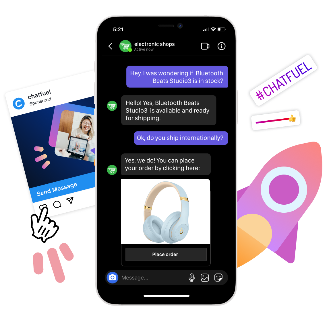 Official Chatfuel illustration of an Instagram DM: a sponsored post leads to a chat where an electronics shop confirms Beats Studio3 headphones are in stock, says it ships internationally and shows a product card with a Place order button