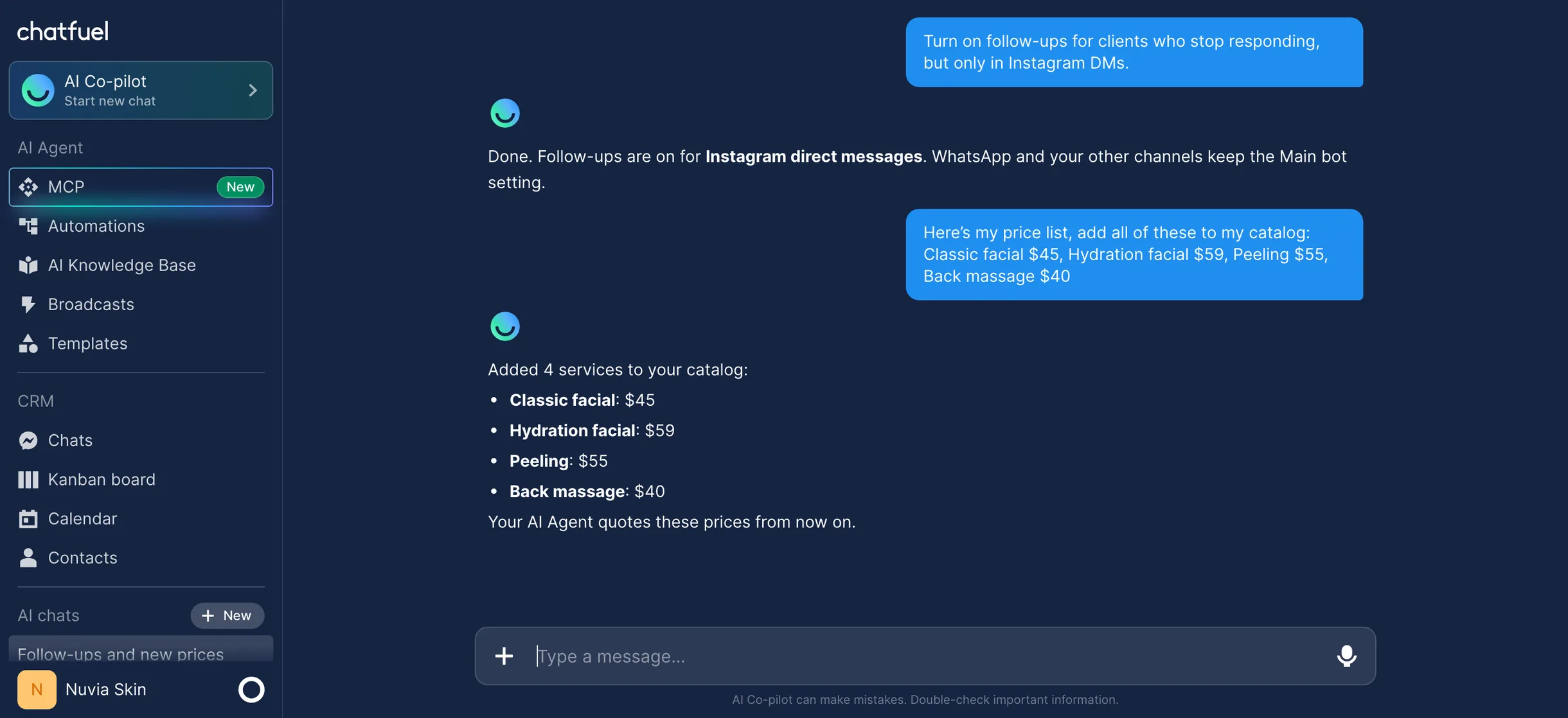 AI Co-pilot chat in the Chatfuel dashboard: the owner turns on follow-ups for Instagram DMs and adds a price list to the catalog