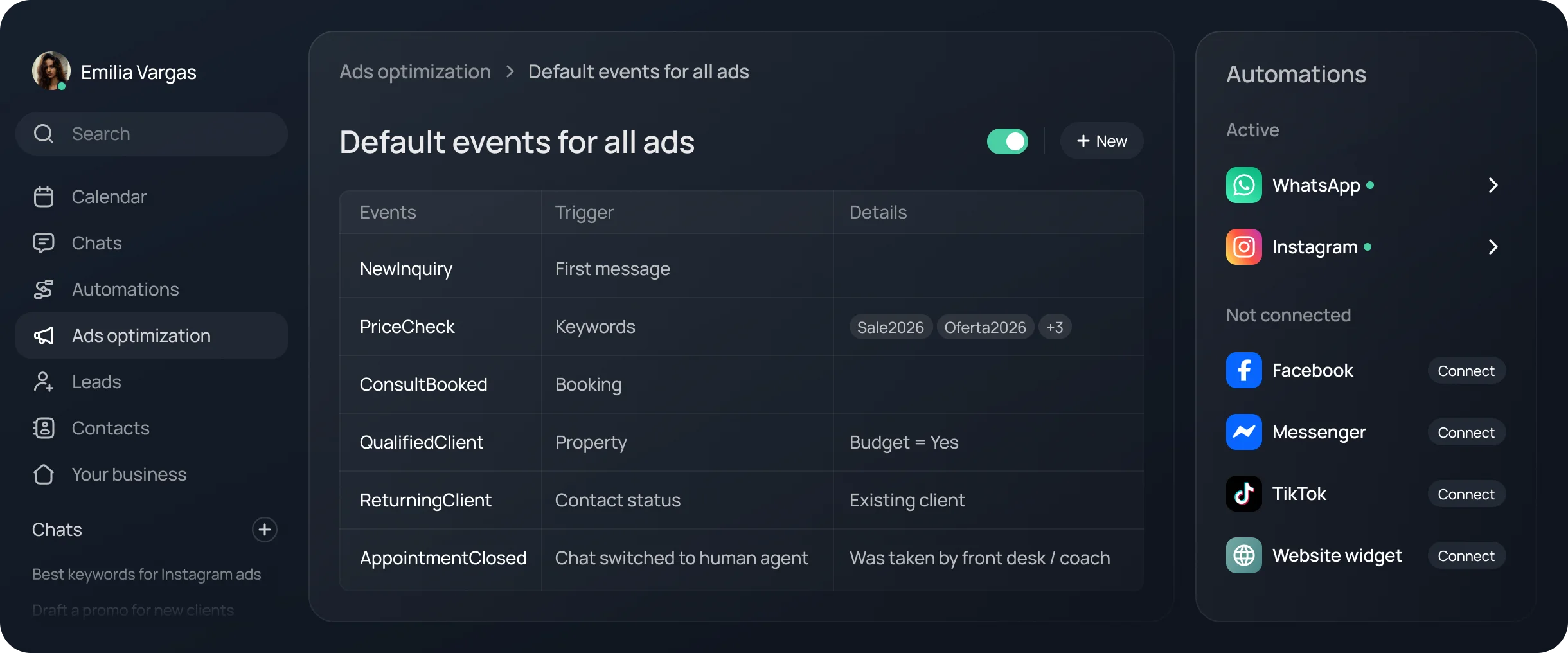 Chatfuel panel with default Conversions API events for all ads