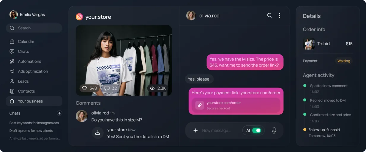 Chatfuel inbox: a comment on an Instagram post moves to DM, the AI confirms the size and sends a payment link
