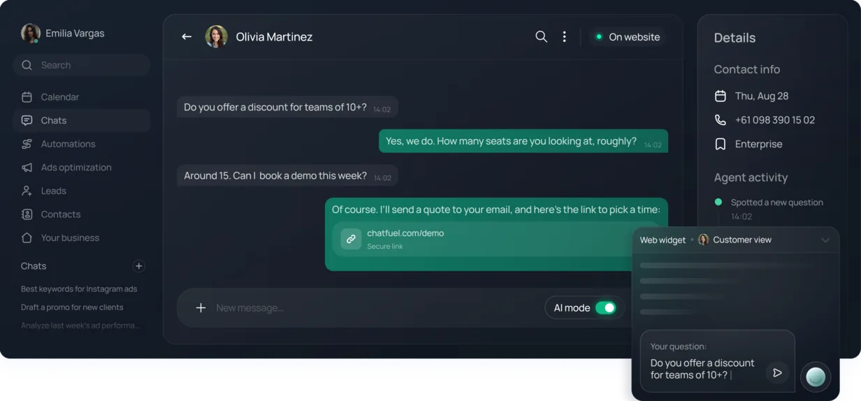 Chatfuel inbox with the website chat widget: the AI agent answers a team discount question and sends a link to book a demo