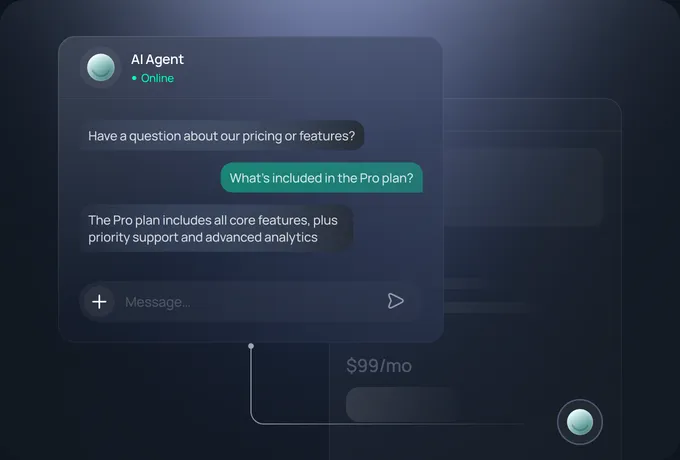 The website widget answers a question about the Pro plan