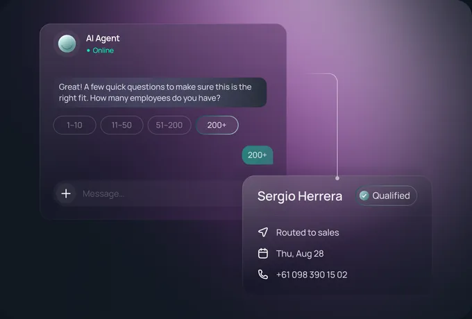 The AI asks about company size and routes the qualified lead to sales