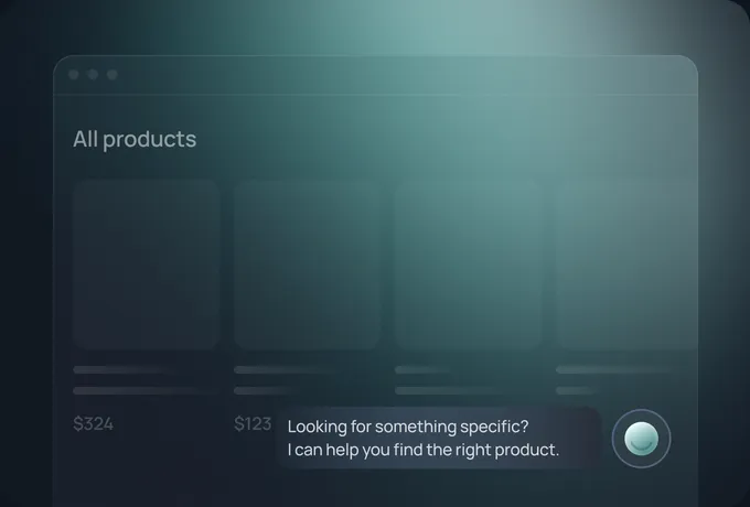 A product catalog page with the chat widget offering help