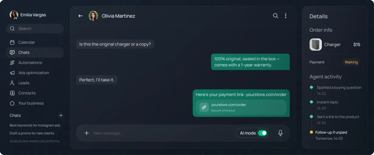 Chatfuel inbox: the AI agent answers a WhatsApp customer, sends a payment link and logs its activity