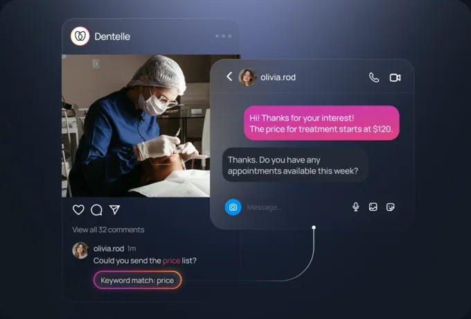 A comment asking for the price list matches a keyword, and the AI answers with the price in a DM