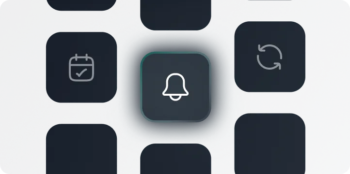 Reminder bell between a calendar and a reschedule icon