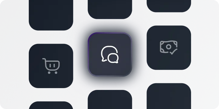 Chat icon between a shopping cart and a payment icon