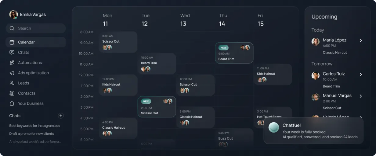 Chatfuel dashboard with a fully booked week in the calendar and an AI note: 24 leads qualified, answered, and booked