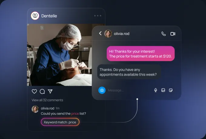 An Instagram comment asking for the price list gets an instant DM with the treatment price