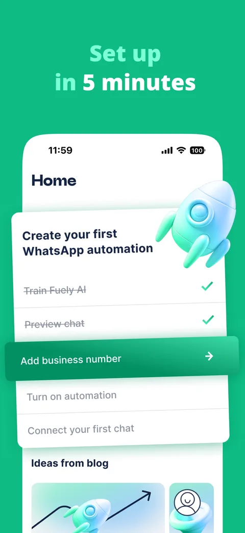 Tela inicial do app do Chatfuel com a lista de passos para configurar o WhatsApp