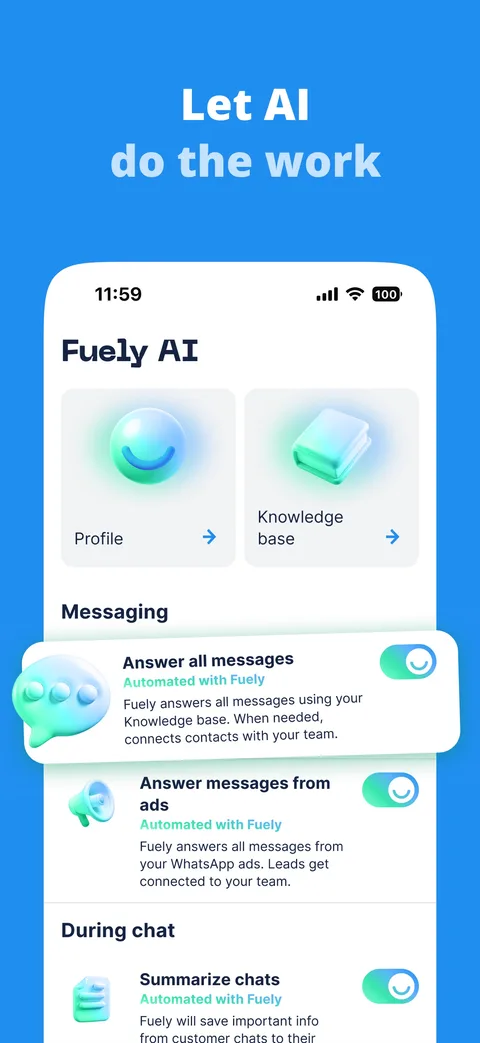 Tela de configurações da IA no app do Chatfuel