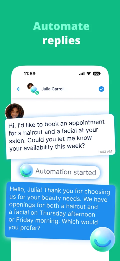 Chat no app do Chatfuel em que a IA responde um pedido de agendamento