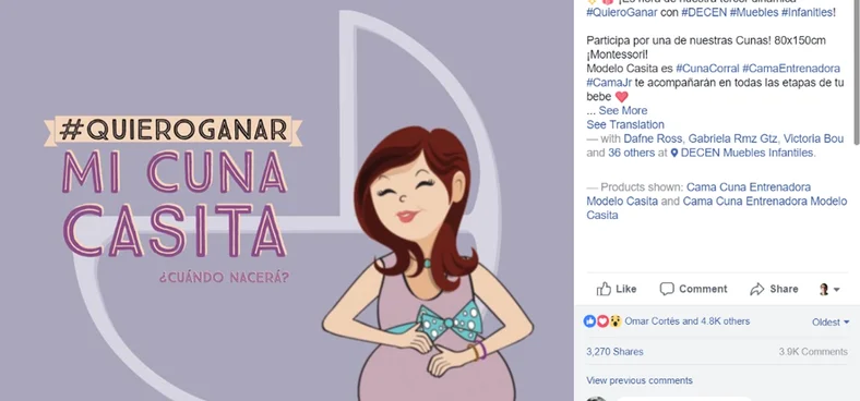 Post do sorteio de um berço da DECEN no Facebook