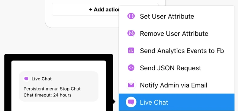 Live Chat action in the Chatfuel flow builder
