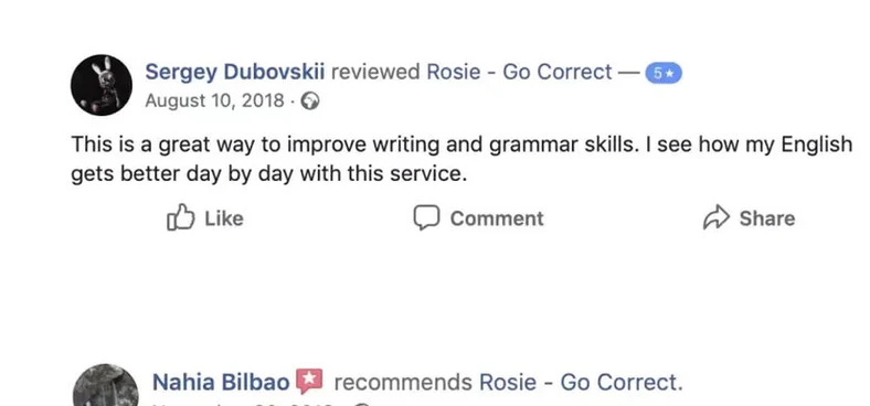 Reseñas de estudiantes en Facebook sobre el chatbot de Go Correct