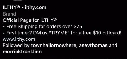 Biografía de Instagram de ILTHY que invita a escribir “TRYME” por mensaje directo para obtener una tarjeta regalo