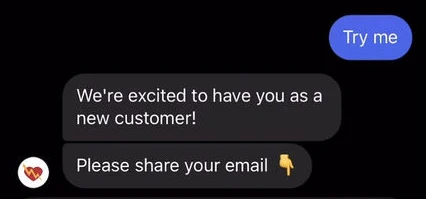 Mensaje directo de Instagram: el usuario envía “Try me” y el bot le pide su email
