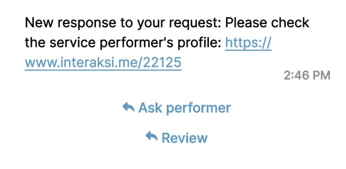 Mensagem do WhatsApp com o link do perfil de um prestador e os botões Ask performer e Review