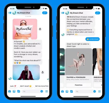 Cuestionario y análisis de sueños de MyDreamChat en Messenger en dos móviles