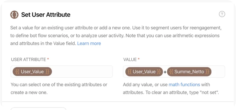 Bloco "Set User Attribute" do Chatfuel que soma cada pedido ao total do cliente