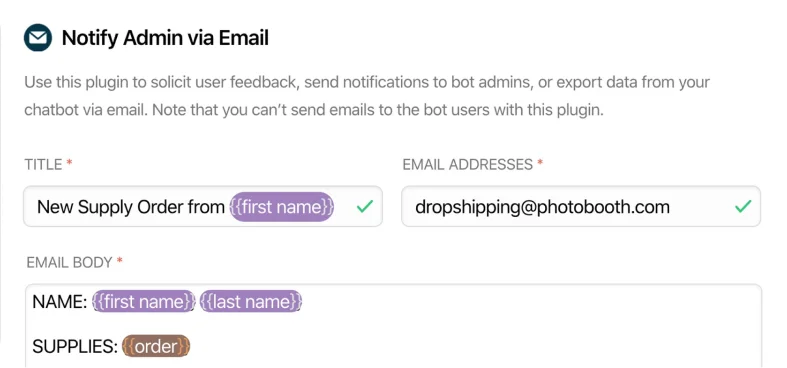 Bloco "Notify Admin via Email" do Chatfuel com os dados do novo pedido