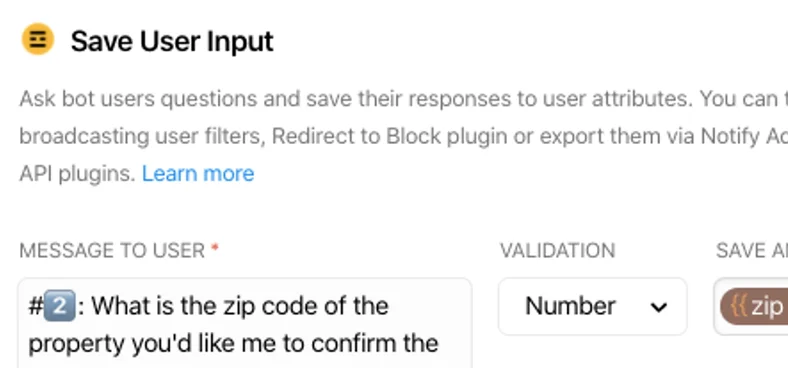 Chatfuel Save User Input block saving a zip code to an attribute