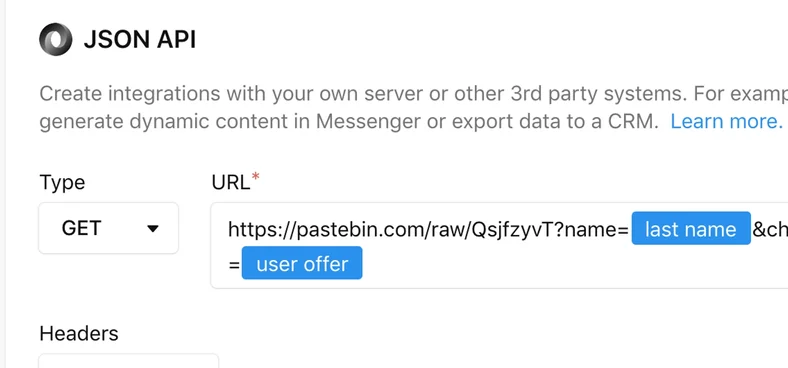 Chatfuel JSON API plugin settings