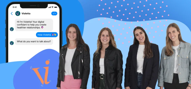 As quatro fundadoras da Violetta ao lado da mensagem de boas-vindas do chatbot no Messenger