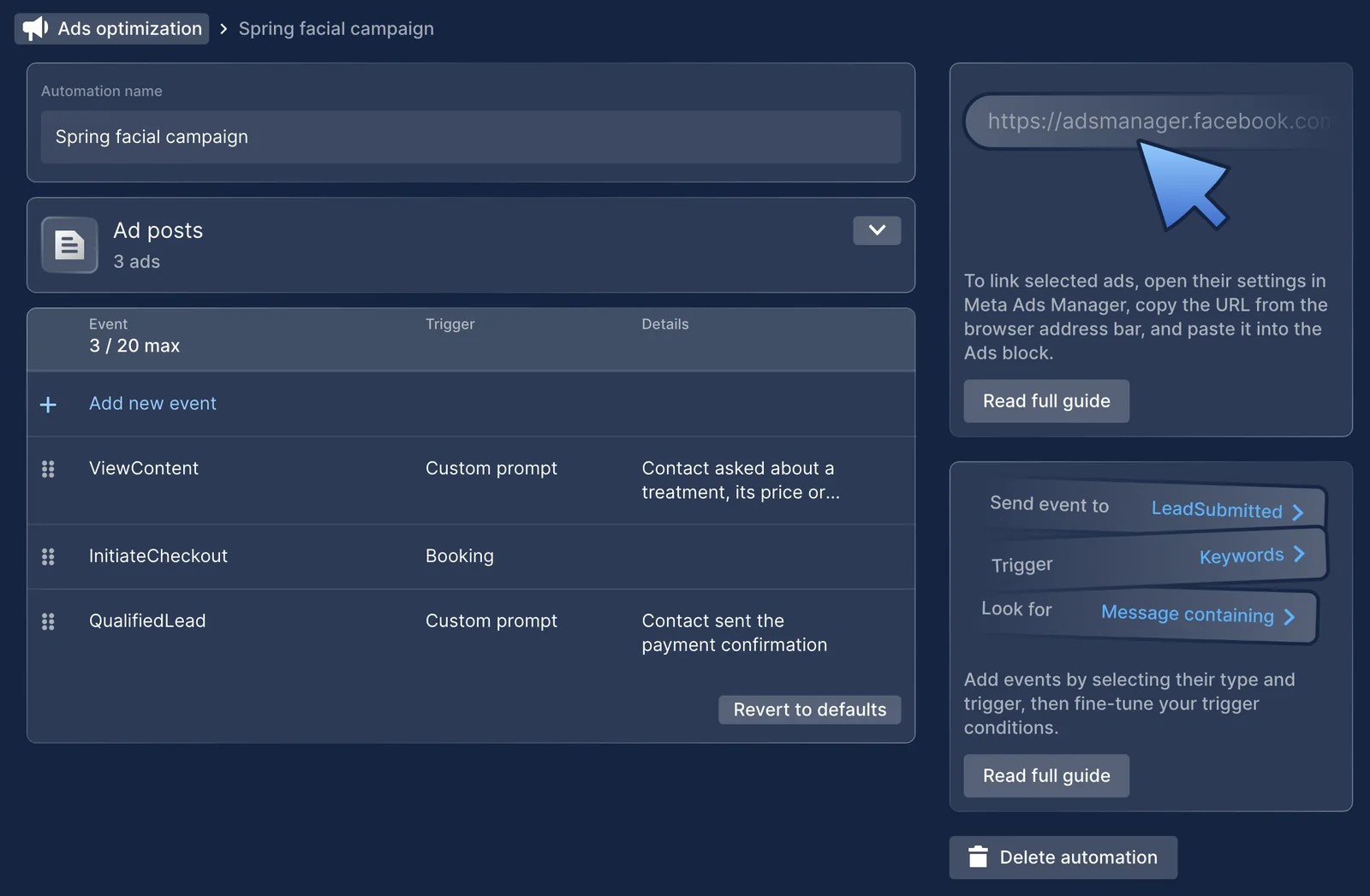 Ads optimization page with an event set of three events: ViewContent, InitiateCheckout and QualifiedLead