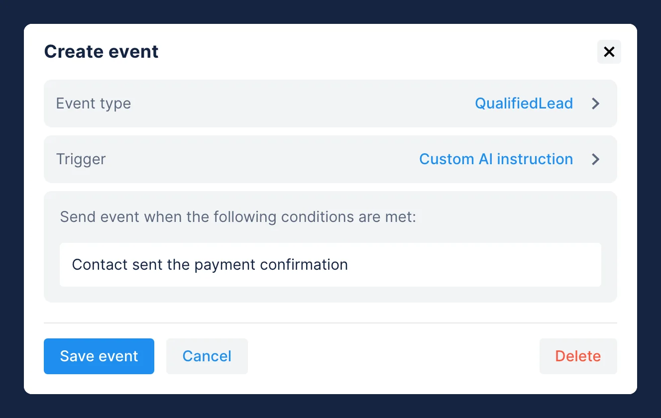 Create event popup with the QualifiedLead event and a Custom AI instruction trigger